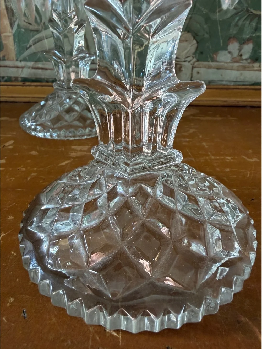 Pair of Vintage Glass Candelabra Candle Holders with Hanging Prisms